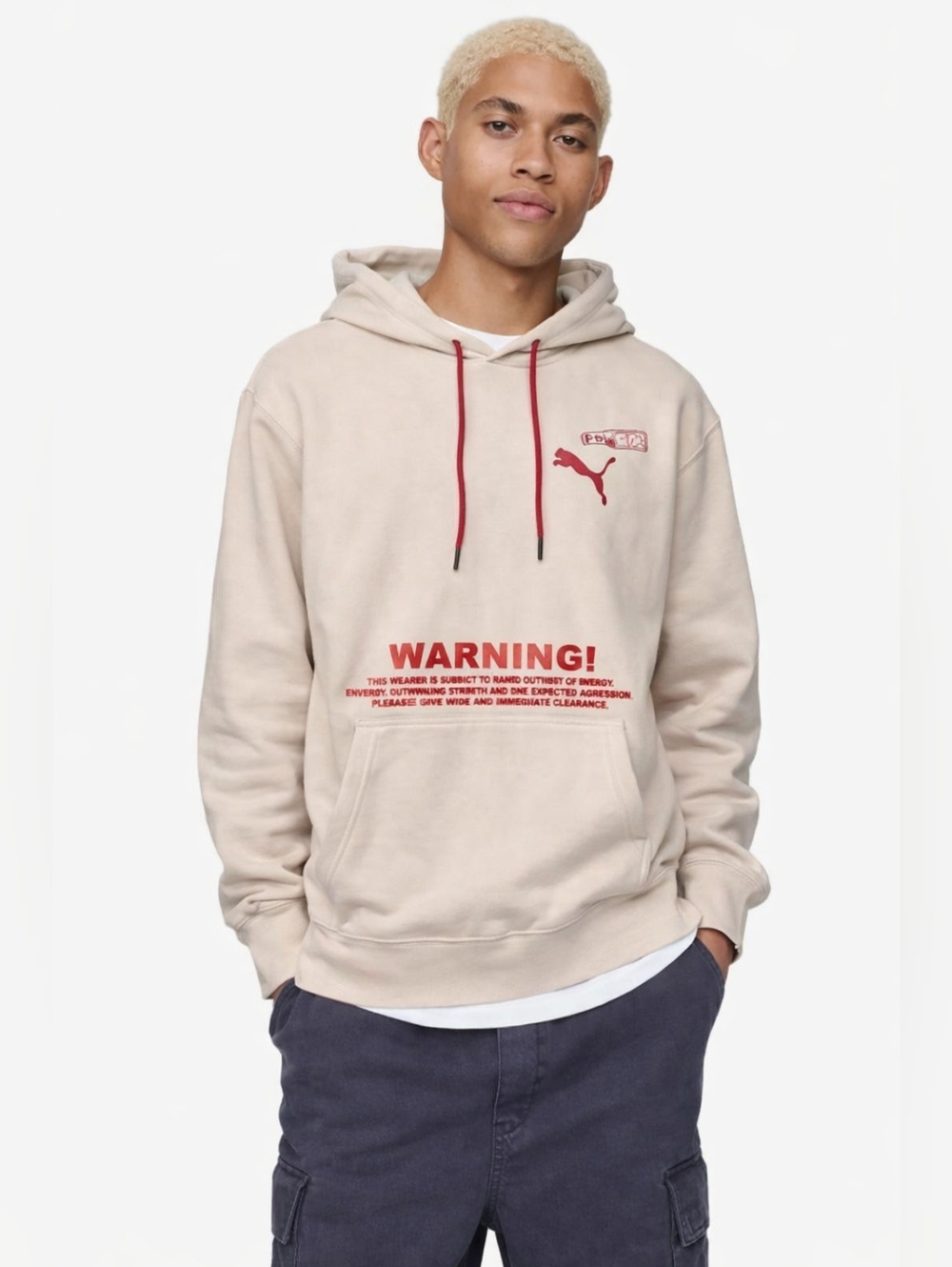 Puma Graphic Hoodie Men’s Small Beige Streetwear Warning Logo Pullover Spicy